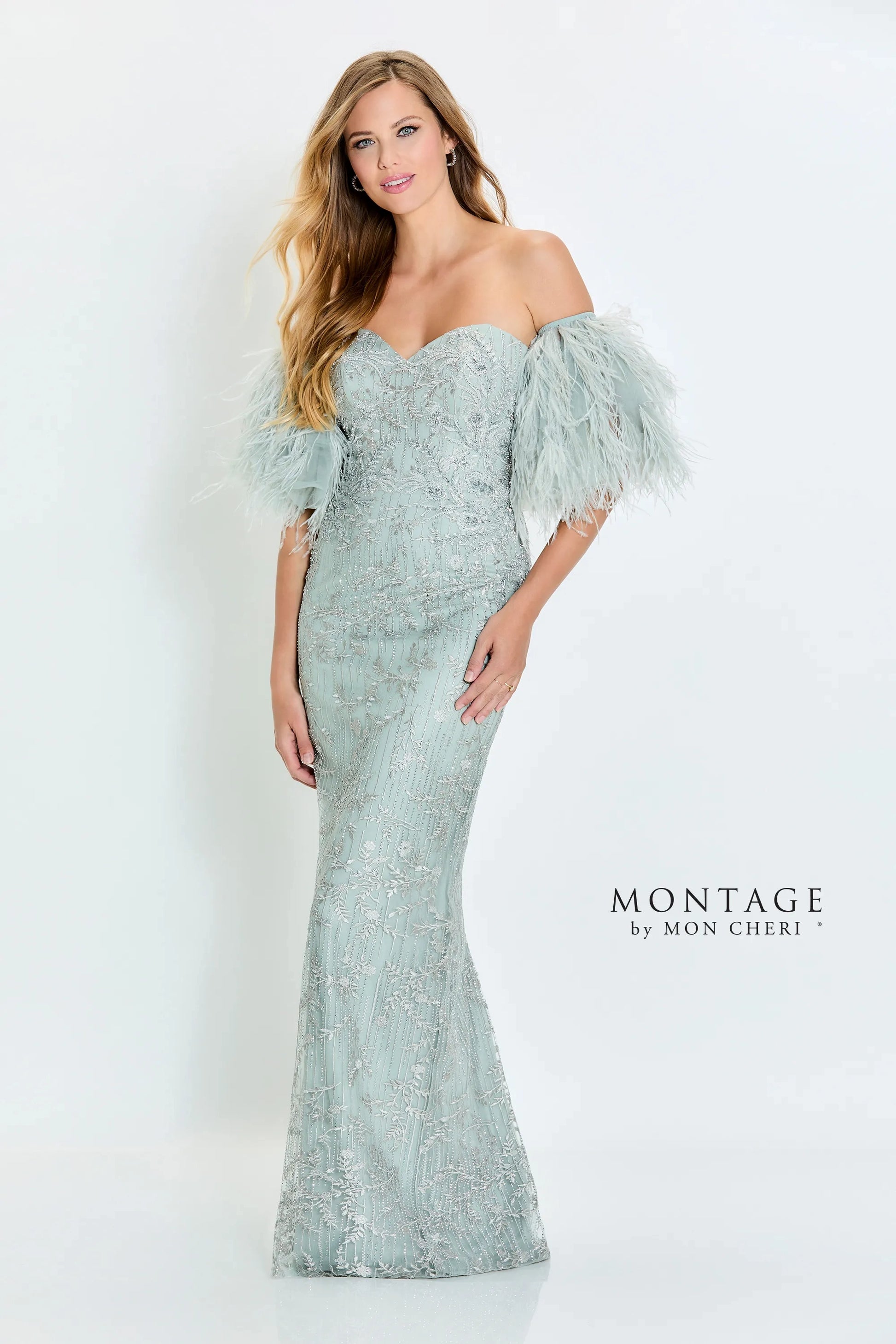 Montage M525 Fitted Long Formal Detachable Feather Sleeves Evening Dress