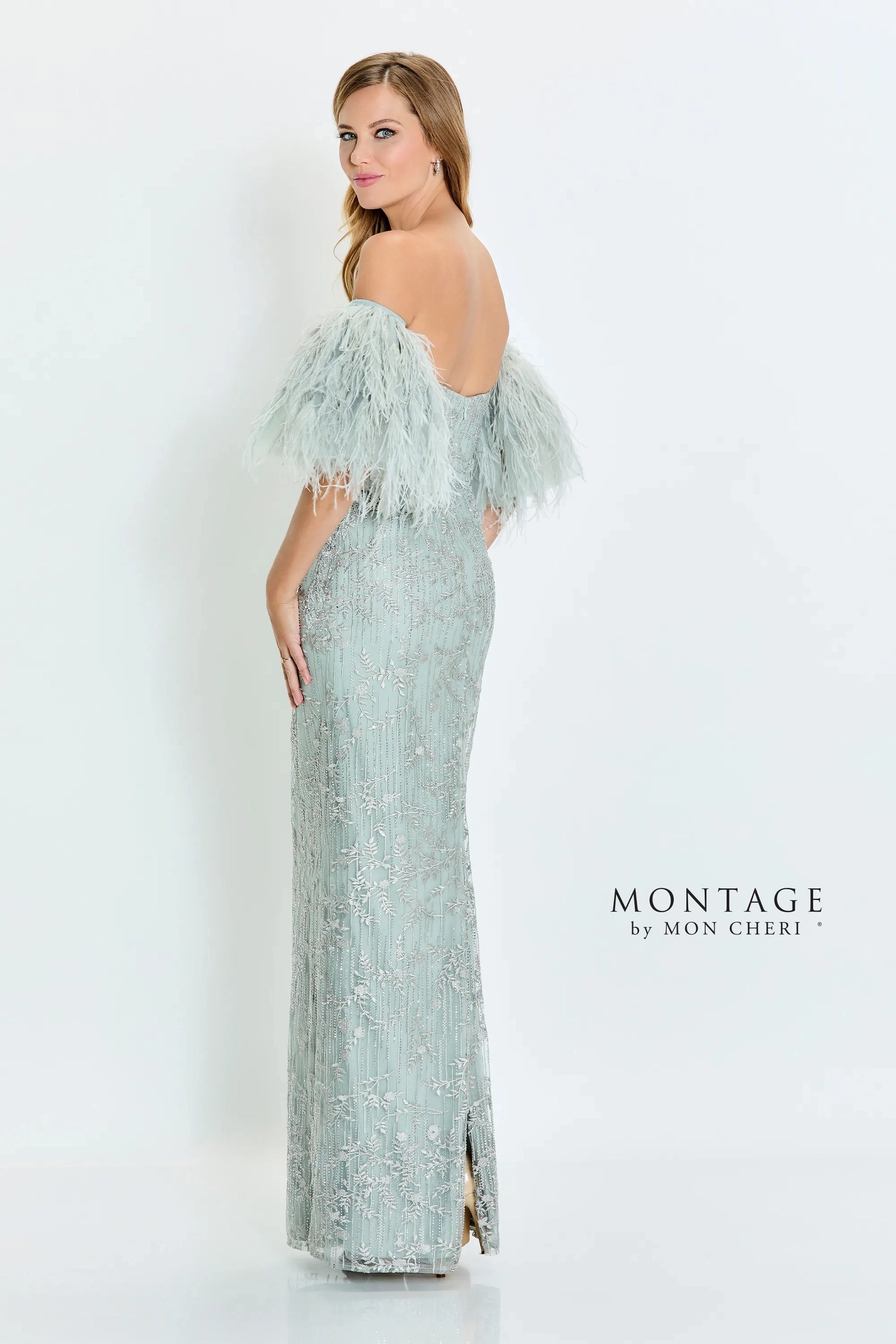 Montage M525 Fitted Long Formal Detachable Feather Sleeves Evening Dress