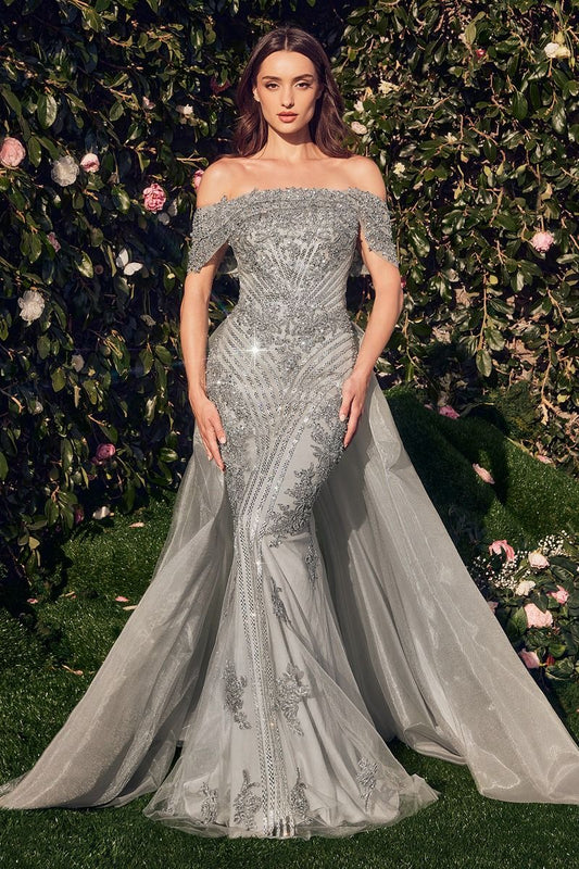 Prom Dresses Beaded Applique Long Formal Evening Dress Silver