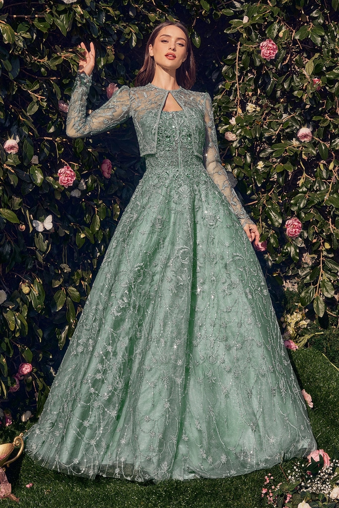 Dusty Blue Andrea & Leo MA104 Long A Line Removable Jacket Formal Prom