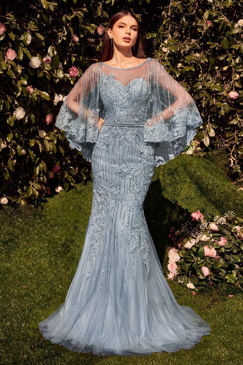 Long Formal Fitted Lace Capelet Evening Dress by Andrea & Leo MA105 - Sage / 12 Long Formal Fitted Lace Capelet Evening Dress by Andrea & Leo MA105 - Sage / 12