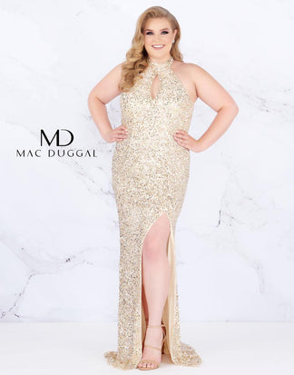 Nude Gold Mac Duggal Long Halter Neck Keyhole Plus Size Prom Dress for