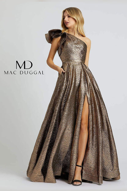 Mac Duggal Long One Shoulder Metallic Prom Ball Gown - The Dress Outlet