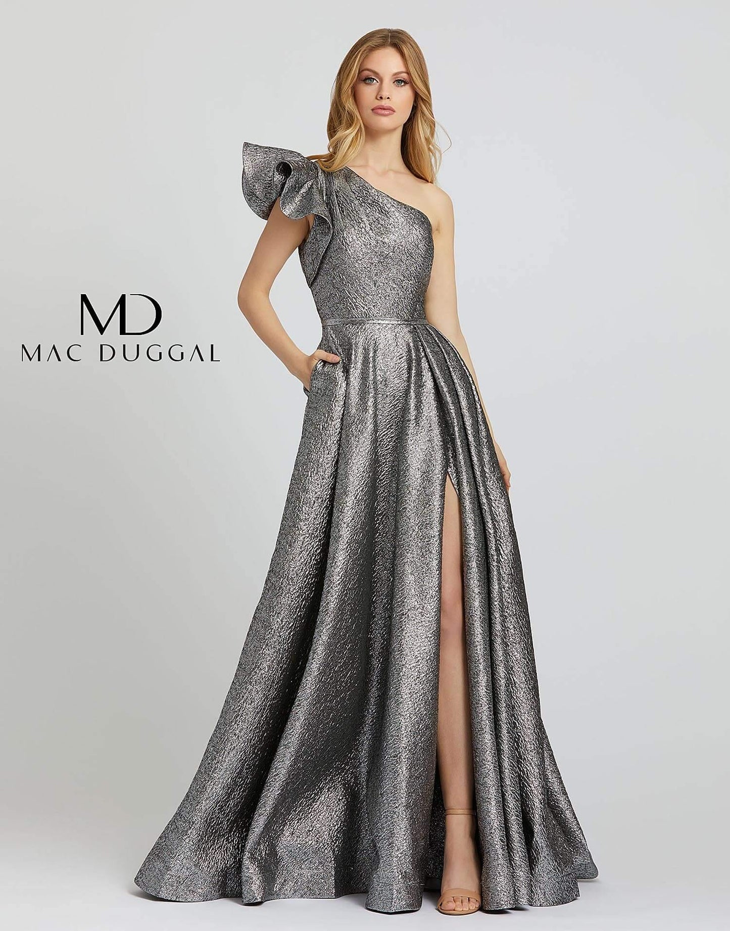 Mac Duggal Long One Shoulder Metallic Prom Ball Gown - The Dress Outlet Mac Duggal
