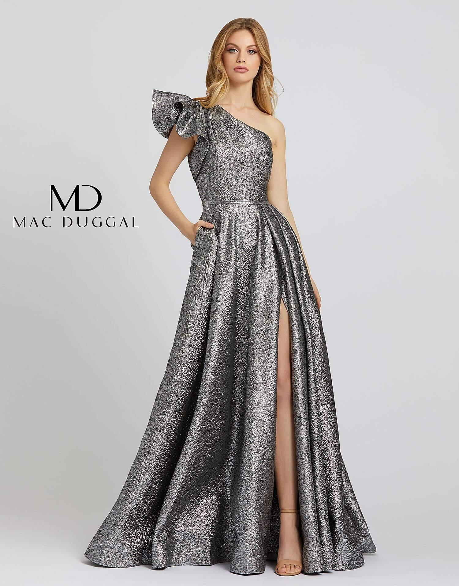 Mac Duggal One-Shoulder Metallic Ball Gown - Antique Bronze Mac Duggal One-Shoulder Metallic Ball Gown - Antique Bronze