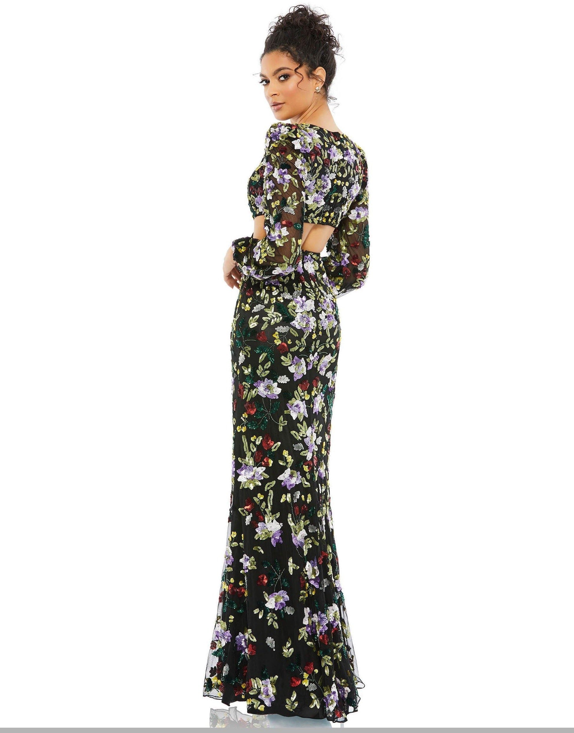 Black Multi 10 Mac Duggal 5566 Long Sleeve Floral Formal Dress Sale