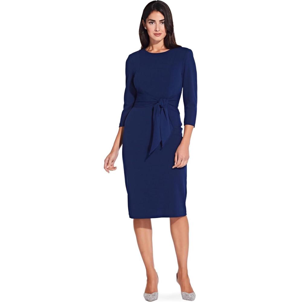 Adrianna Papell Women's Knit Crepe Tie Waist Sheath Dress, Navy Blue, 4