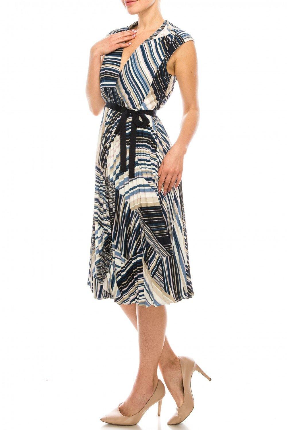 Maison Tara Striped Pleated A-Line Midi Dress - The Dress Outlet