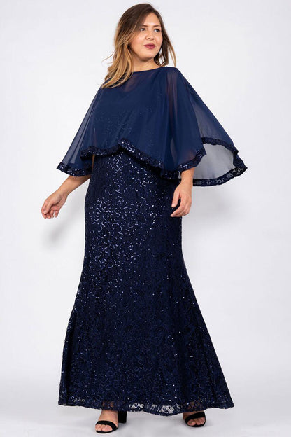 Marina Long Plus Size Lace Formal Cape Dress Navy - The Dress Outlet Marina