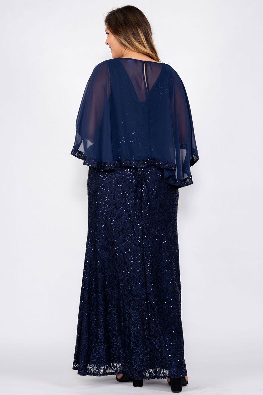 Marina Long Plus Size Lace Formal Cape Dress Navy - The Dress Outlet Marina