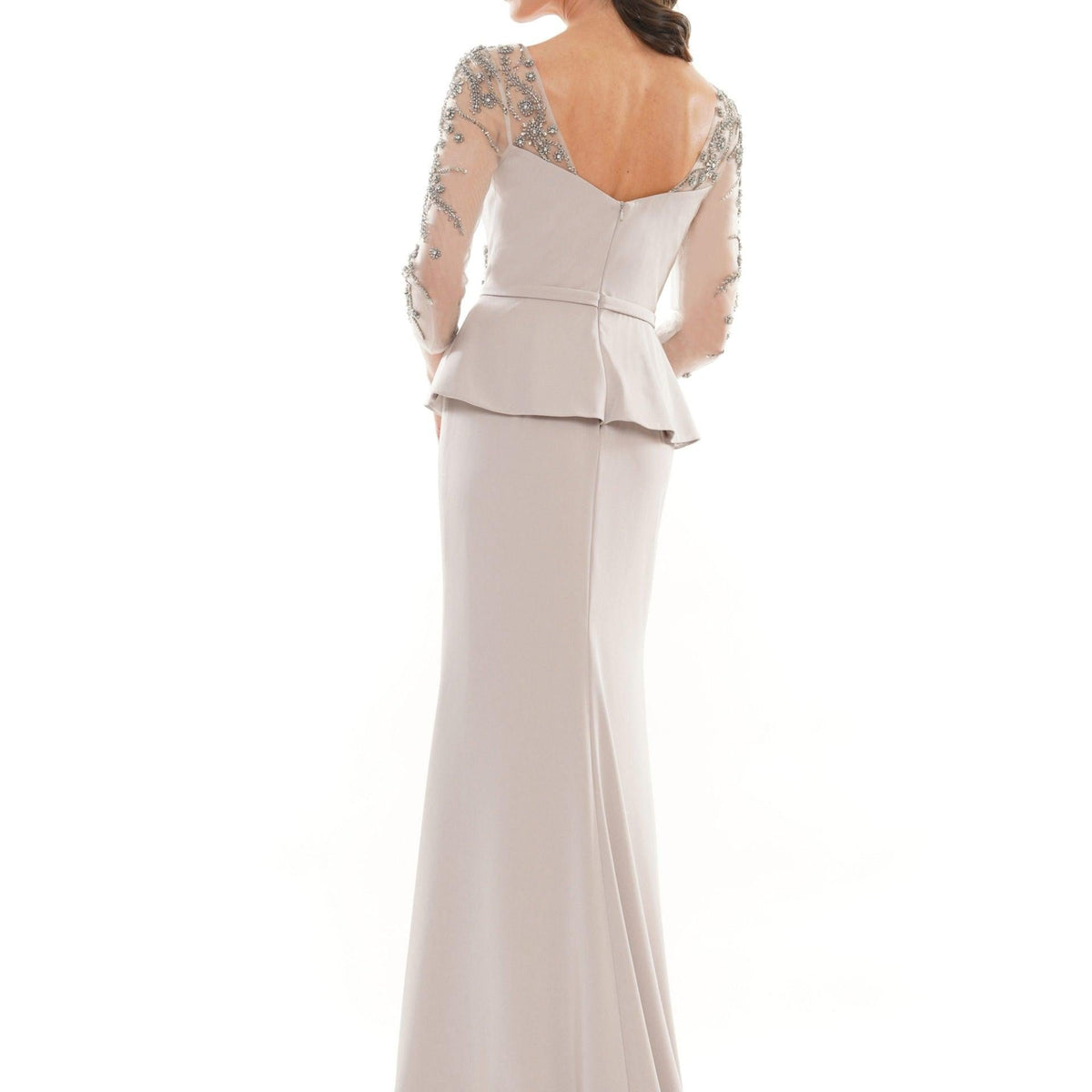 stretch peplum dress Elegant Evening Peplum Beaded Long Formal Stretch Crepe Gown 251M4444 by Terani Couture Dusty Blue / 18