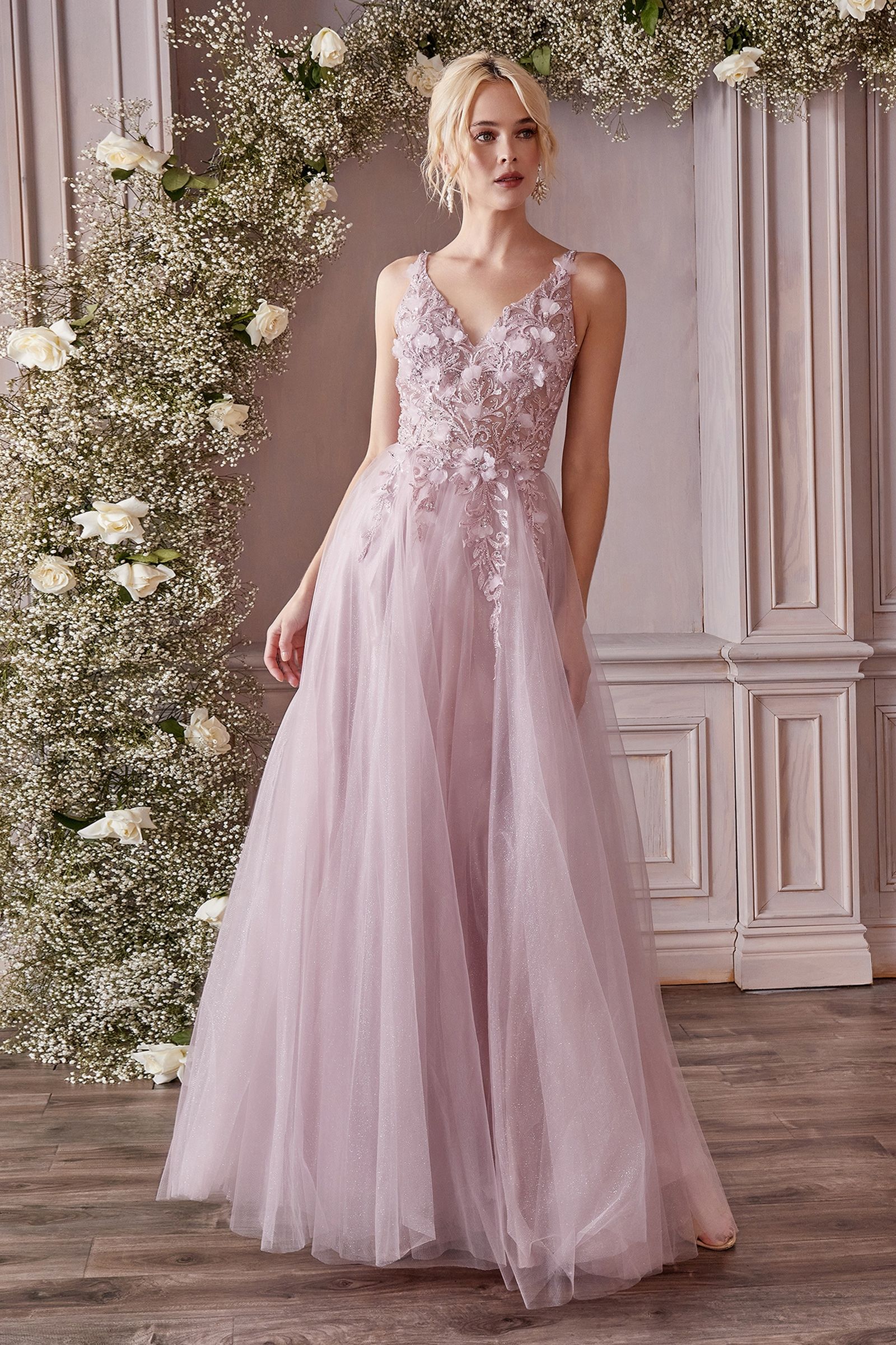 Floral Sleeveless Tulle Long A-Line Prom Dress by LaDivine CD0181 - Champagne / S Floral Sleeveless Tulle Long A-Line Prom Dress by LaDivine CD0181 - Champagne / S