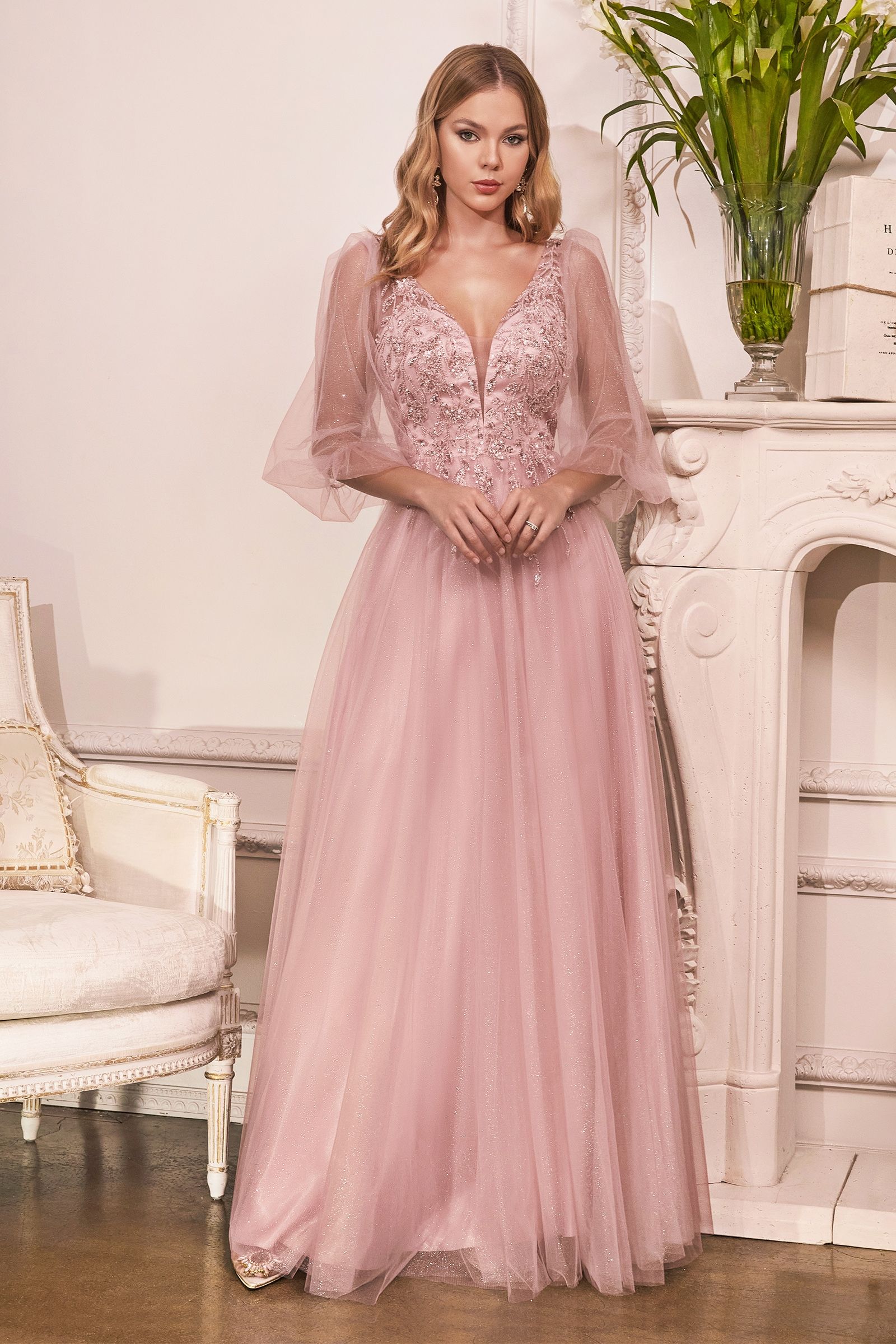 LaDivine CD0182 Formal Long Sleeve Mother of the Bride Long Tulle Dres