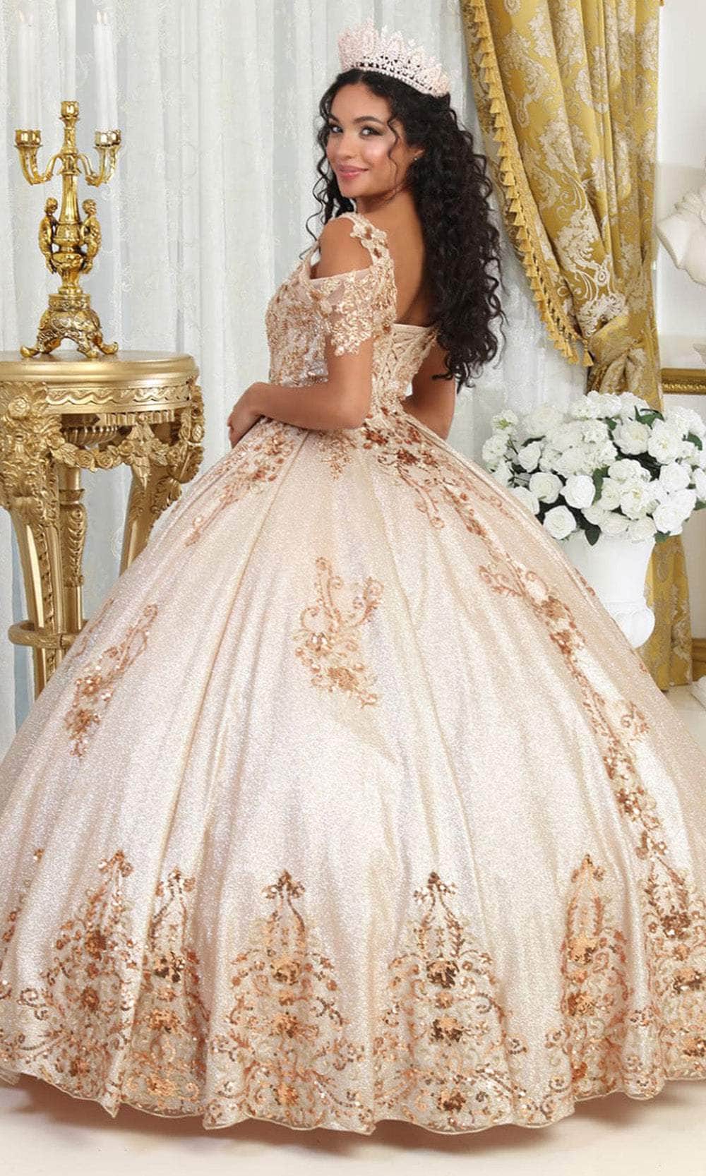 Cold-Shoulder Floor-Length Tulle Quinceañera Ball Gown May Queen LK213