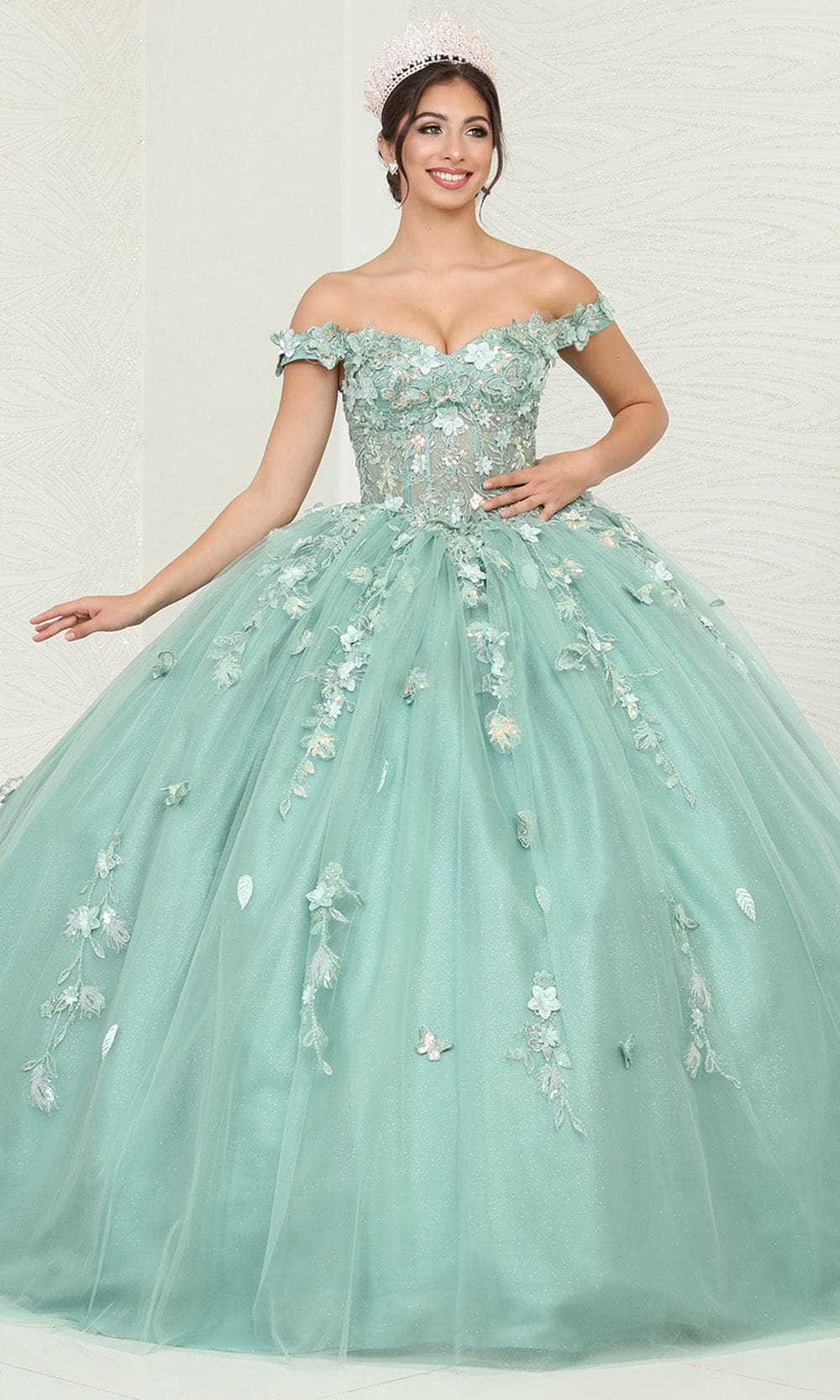 Off-the-Shoulder Floor-Length with Train Tulle Quinceañera Ball Gown May Queen LK240
