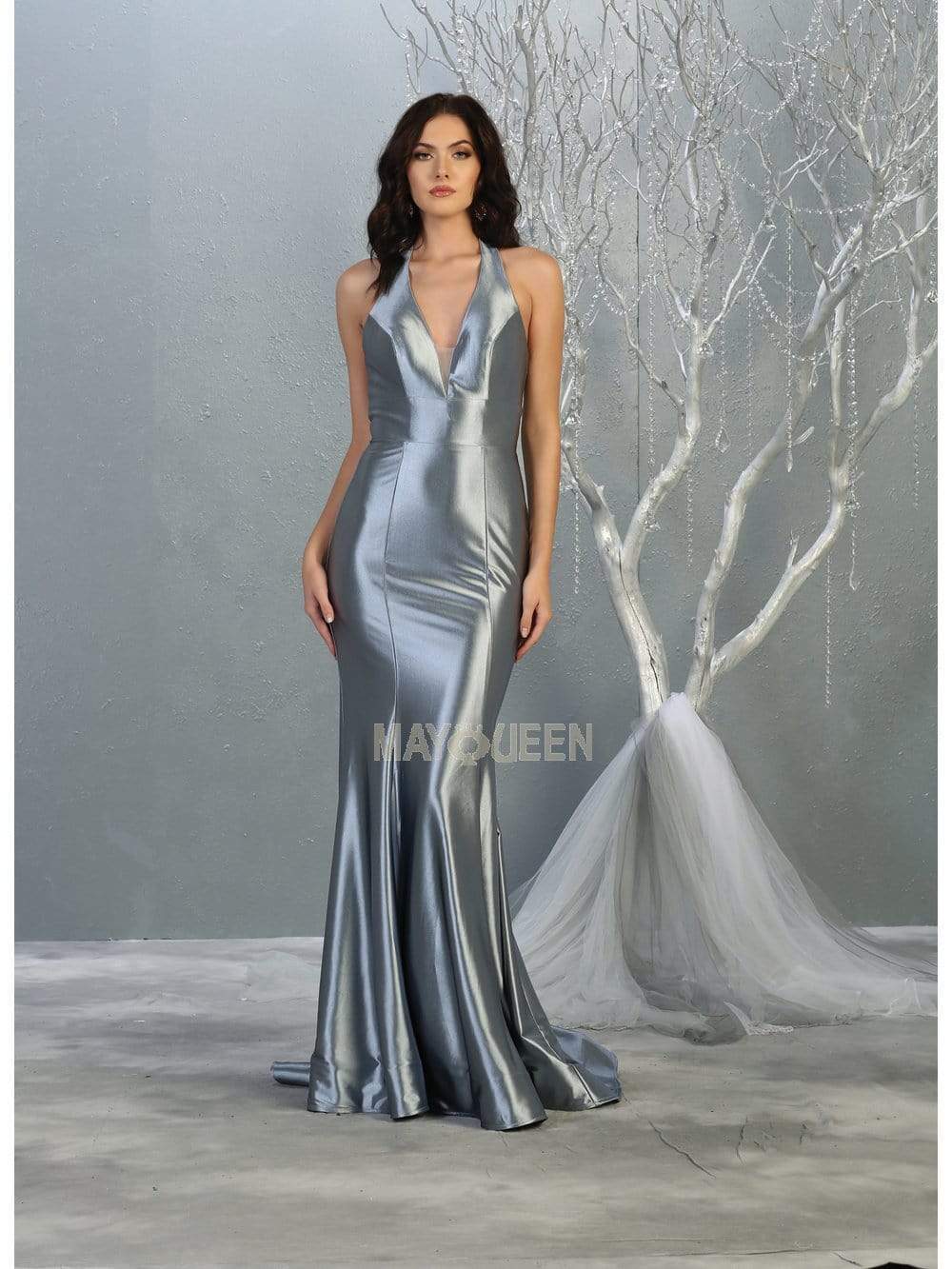 Dusty Blue Halter Floor-Length Satin Prom Dress Open Back May Queen MQ1740