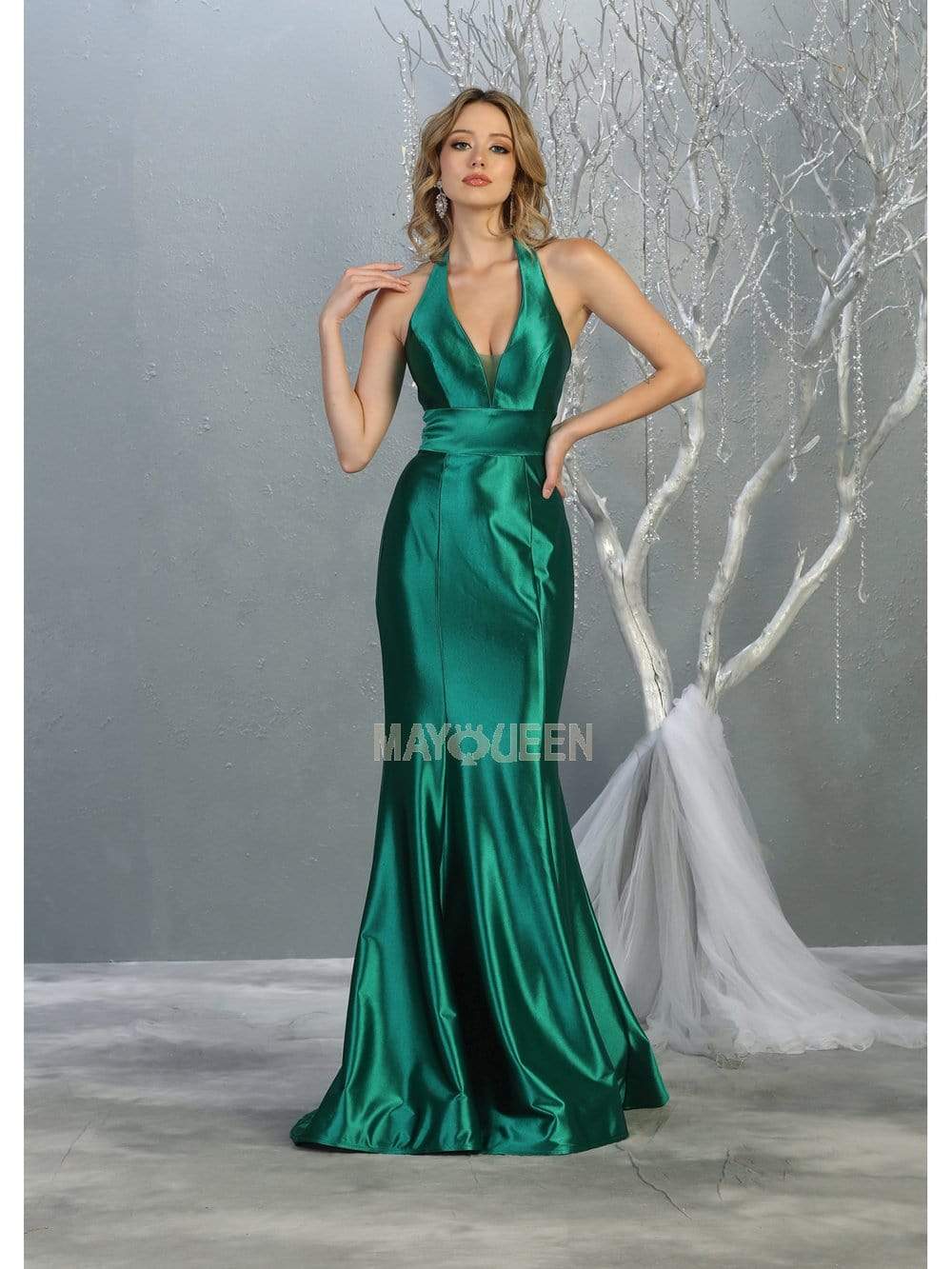 Emerald Green Halter Floor-Length Satin Prom Dress Open Back May Queen MQ1740
