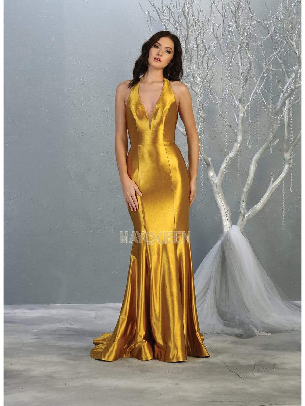 Metallic/Gold Halter Floor-Length Satin Prom Dress Open Back May Queen MQ1740