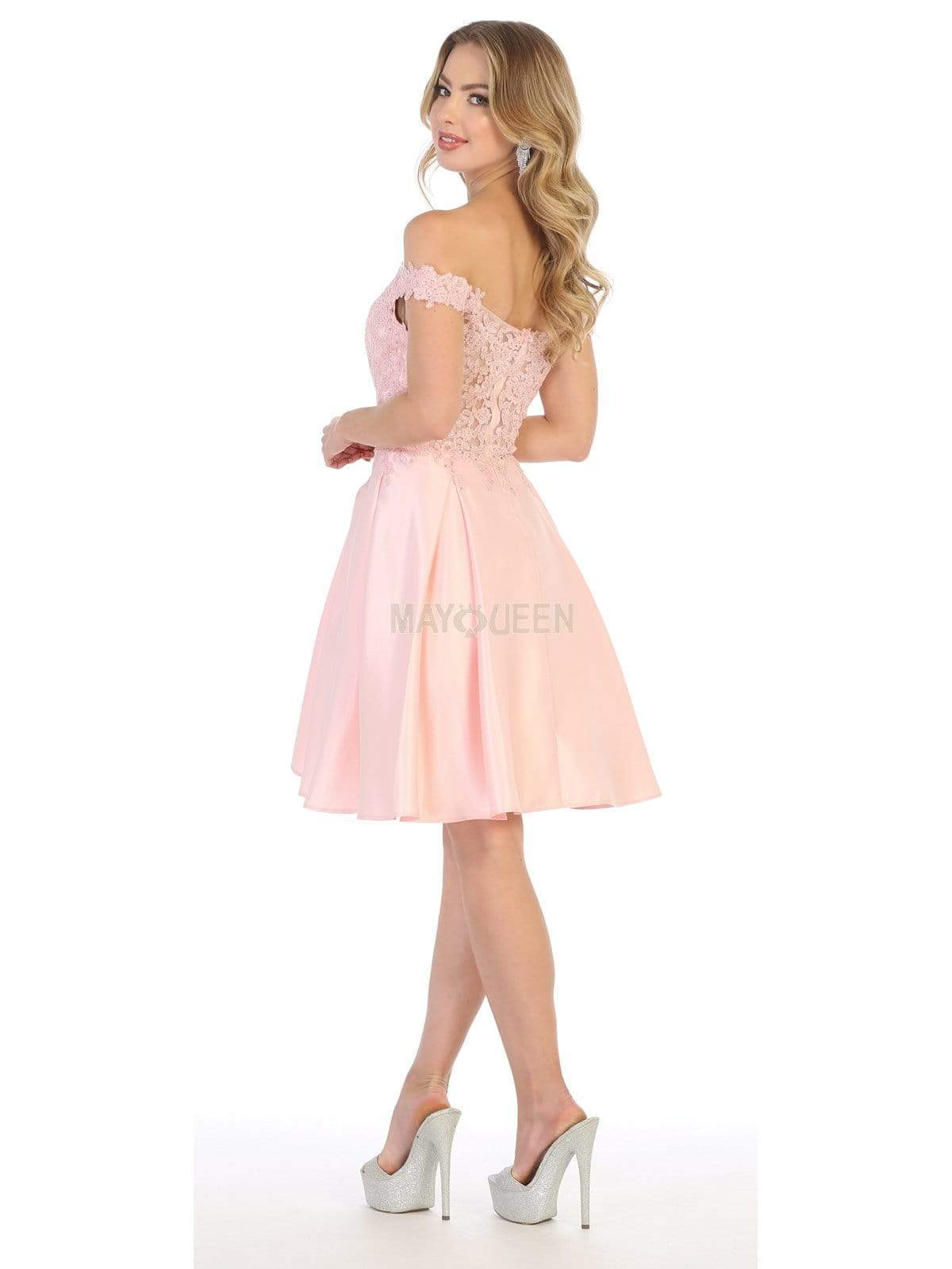 Blush Off-Shoulder Short Satin Cocktail Dress Lace May Queen MQ1766