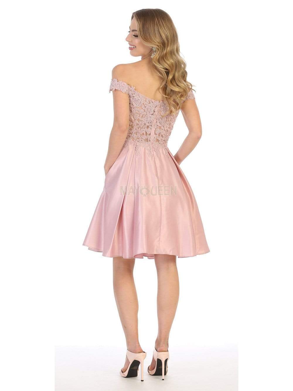 Mauve Off-Shoulder Short Satin Cocktail Dress Lace May Queen MQ1766