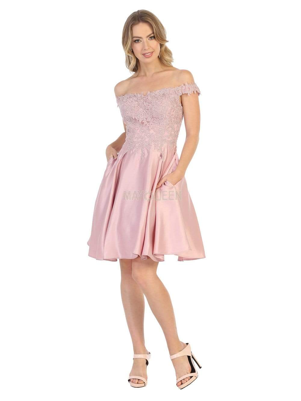 Mauve Off-Shoulder Short Satin Cocktail Dress Lace May Queen MQ1766