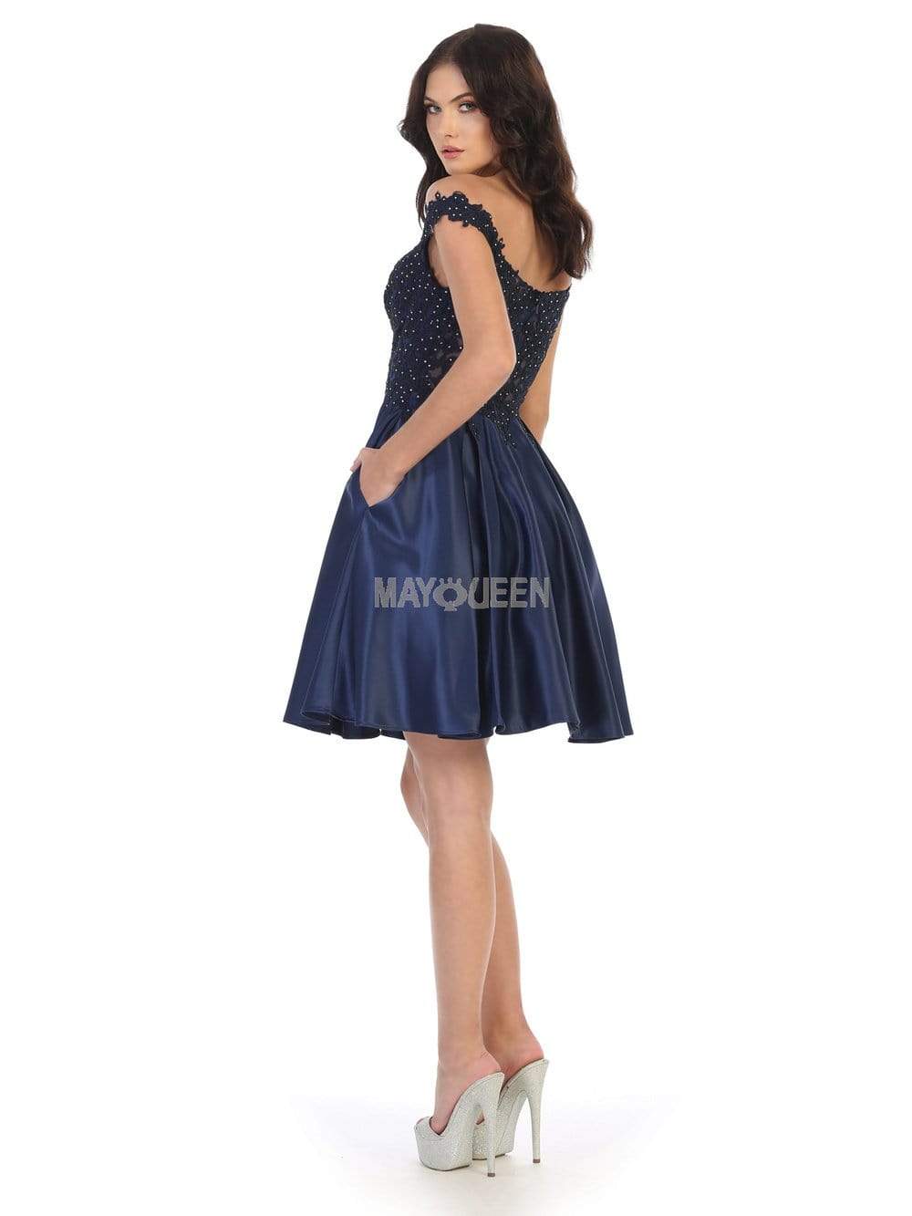 Navy Off-Shoulder Short Satin Cocktail Dress Lace May Queen MQ1766