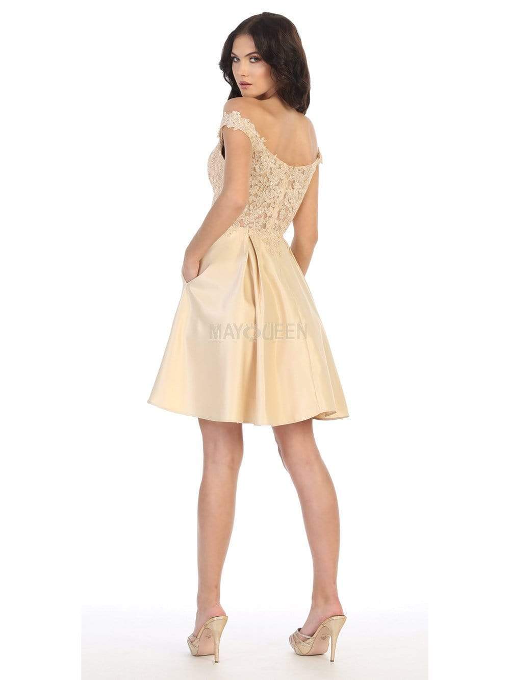Champagne Off-Shoulder Short Satin Cocktail Dress Lace May Queen MQ1766