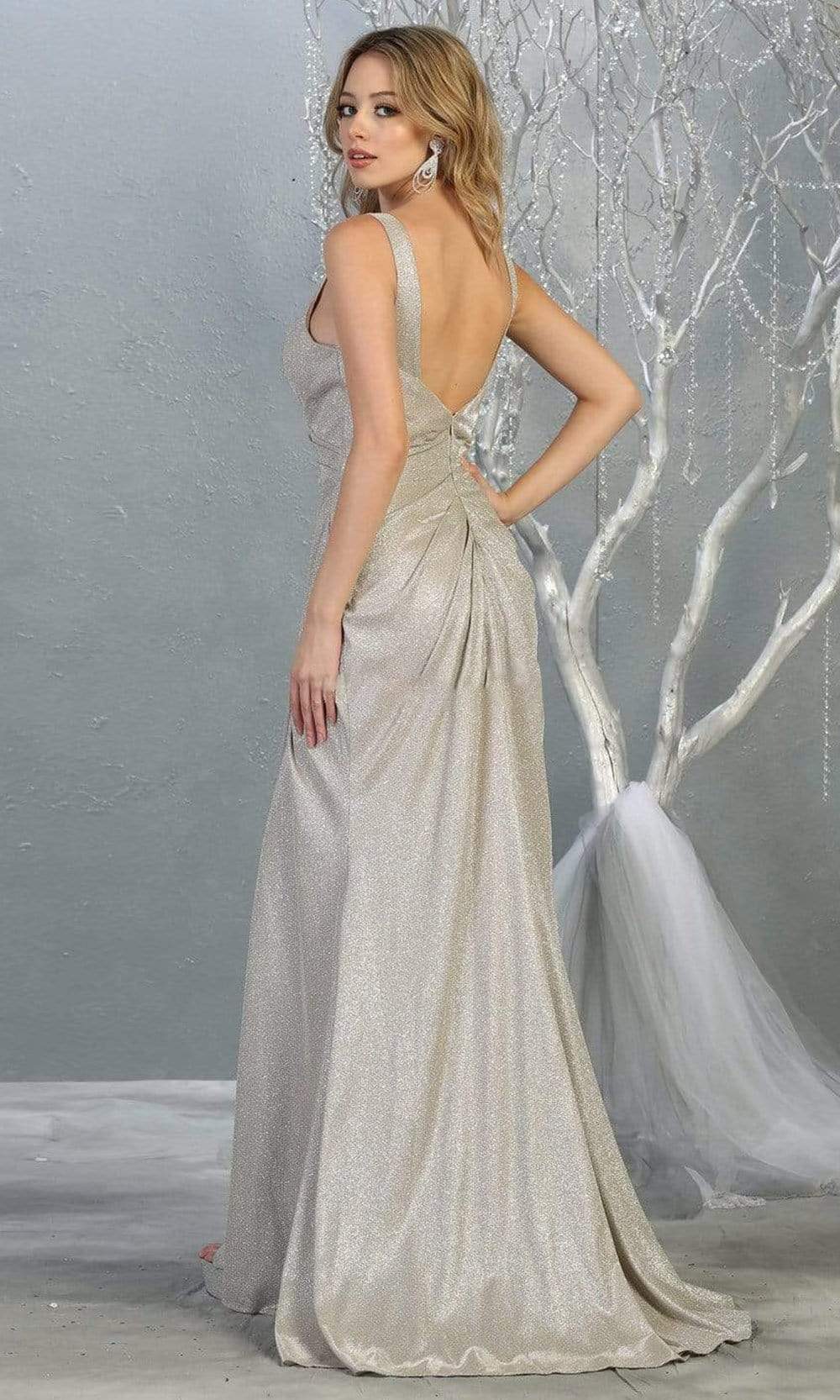 Champagne V-Neck Floor-Length Metallic Formal Gown High Slit May Queen MQ1768