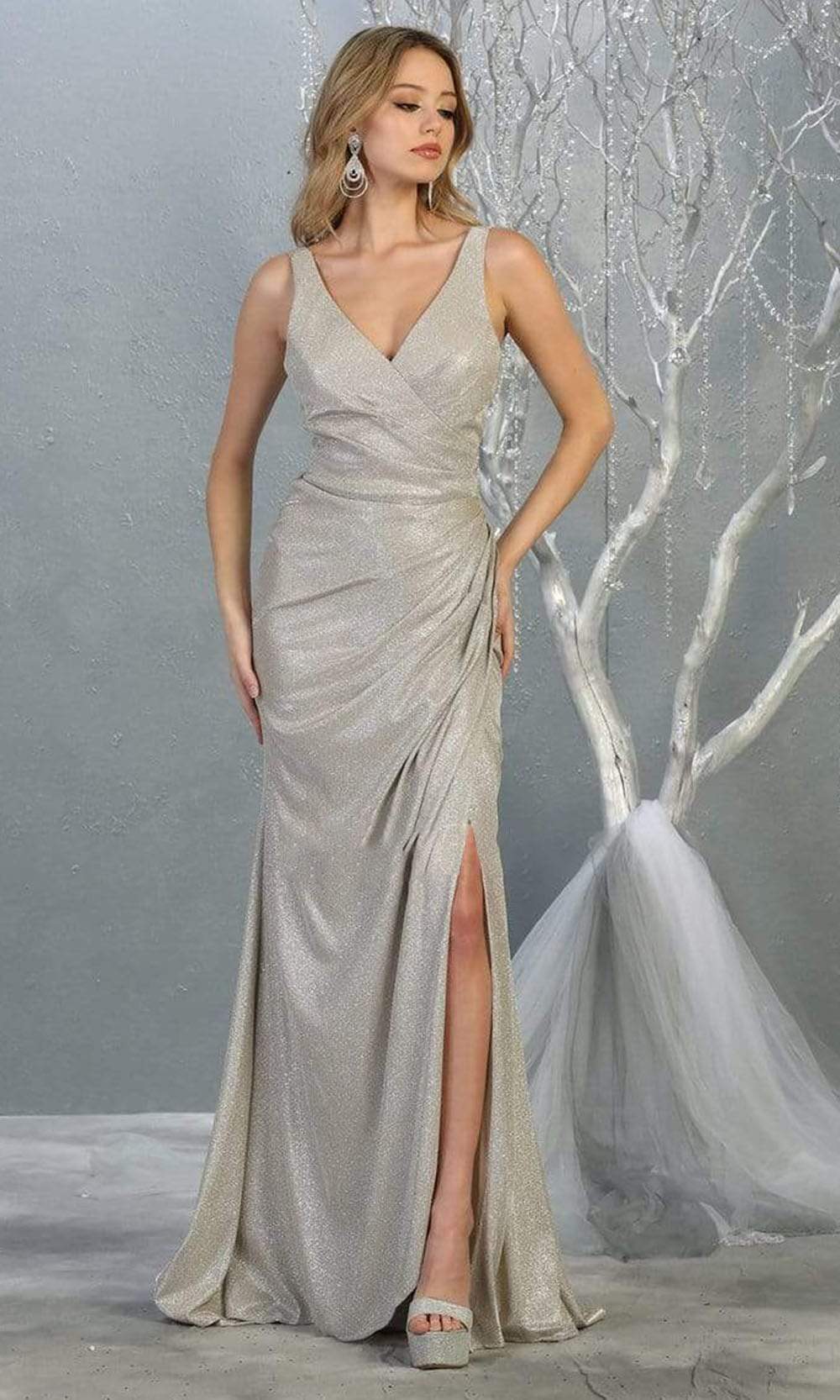Champagne V-Neck Floor-Length Metallic Formal Gown High Slit May Queen MQ1768