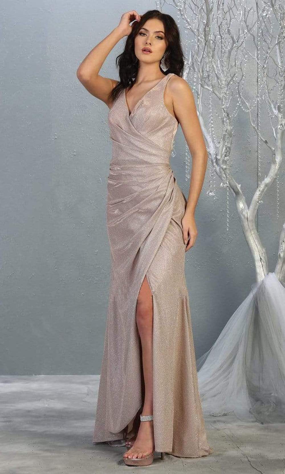 Rosegold V-Neck Floor-Length Metallic Formal Gown High Slit May Queen MQ1768