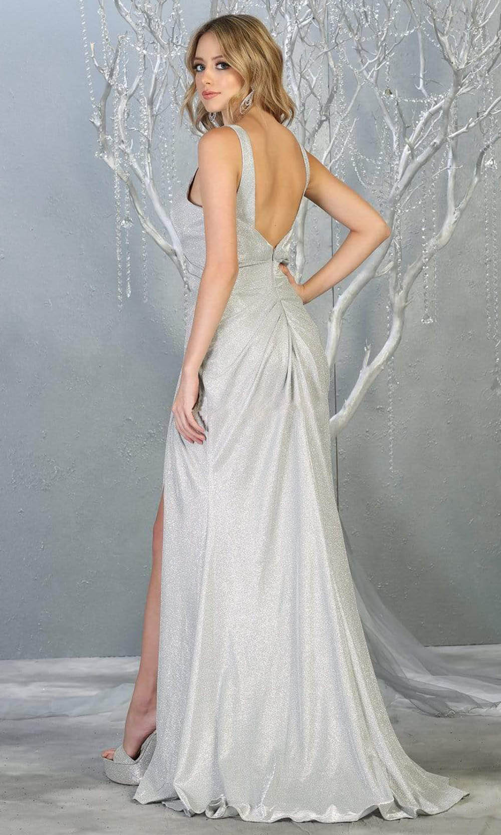 Silver V-Neck Floor-Length Metallic Formal Gown High Slit May Queen MQ1768