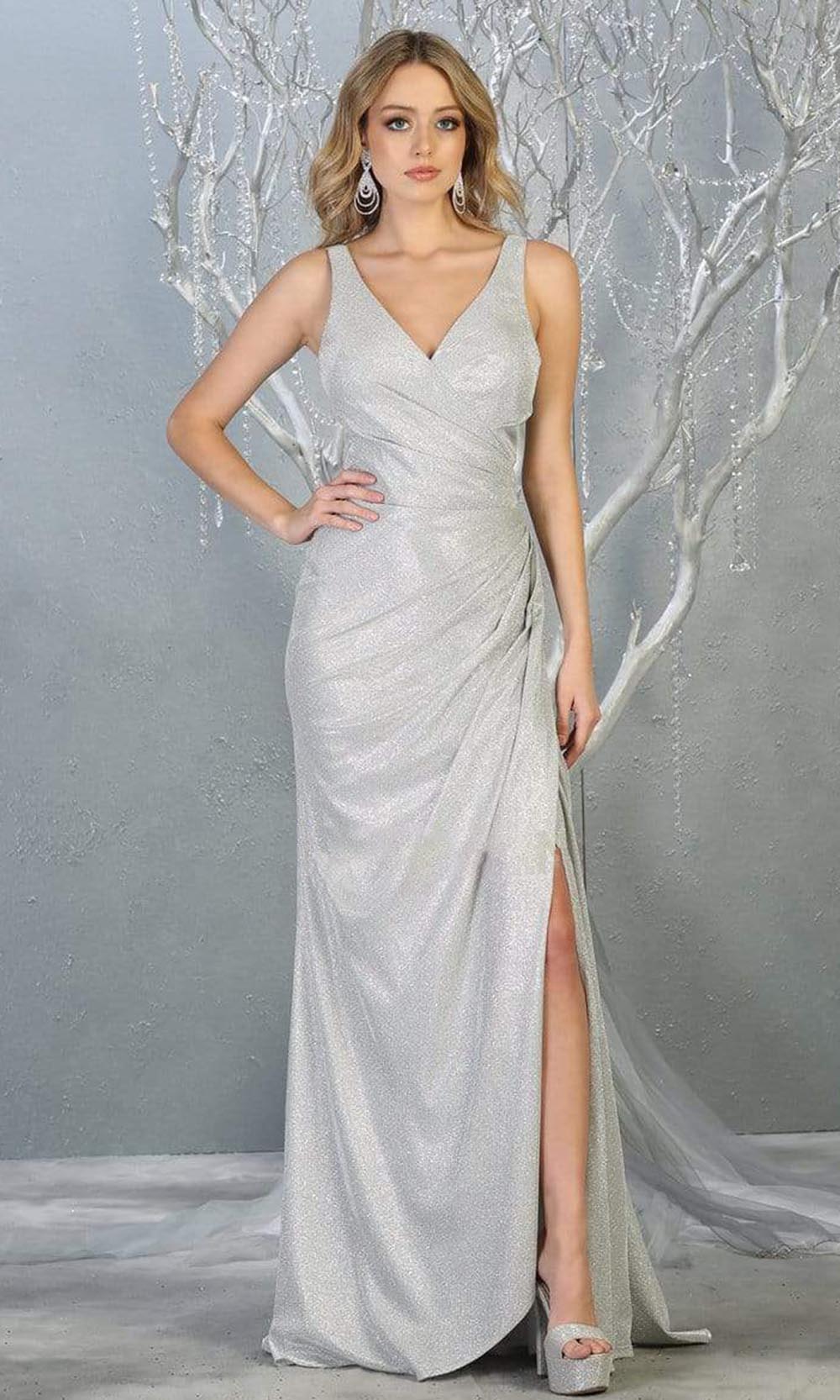 Silver V-Neck Floor-Length Metallic Formal Gown High Slit May Queen MQ1768