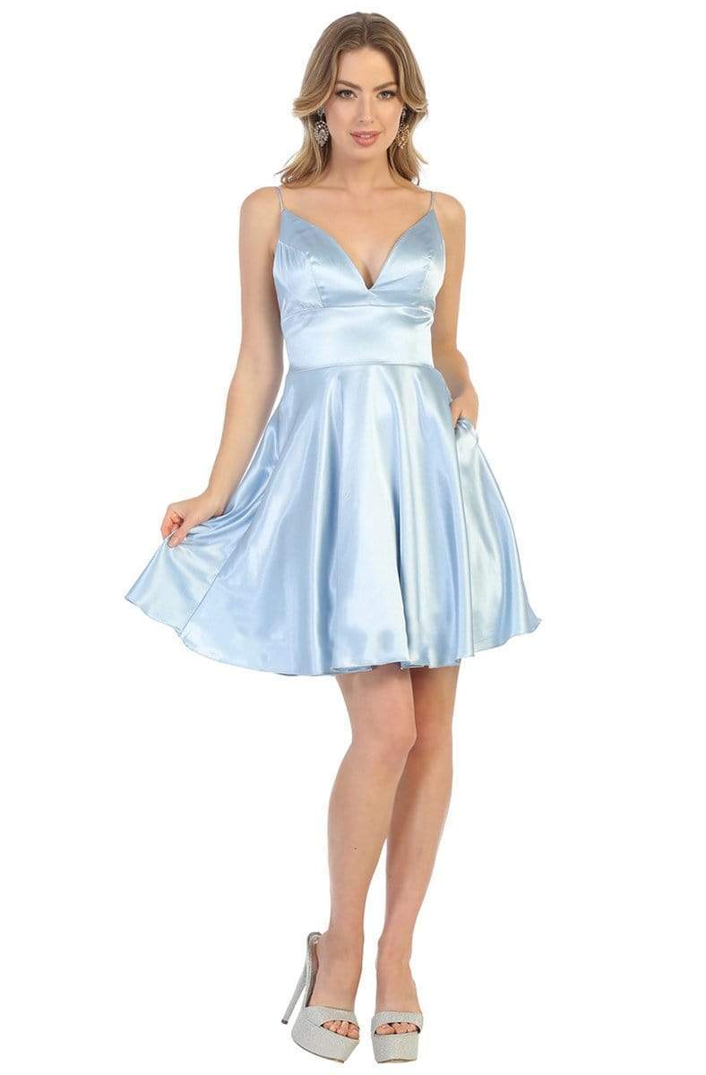 Dusty/Blue V-Neck Short Satin Homecoming Dress Open Back May Queen MQ1770