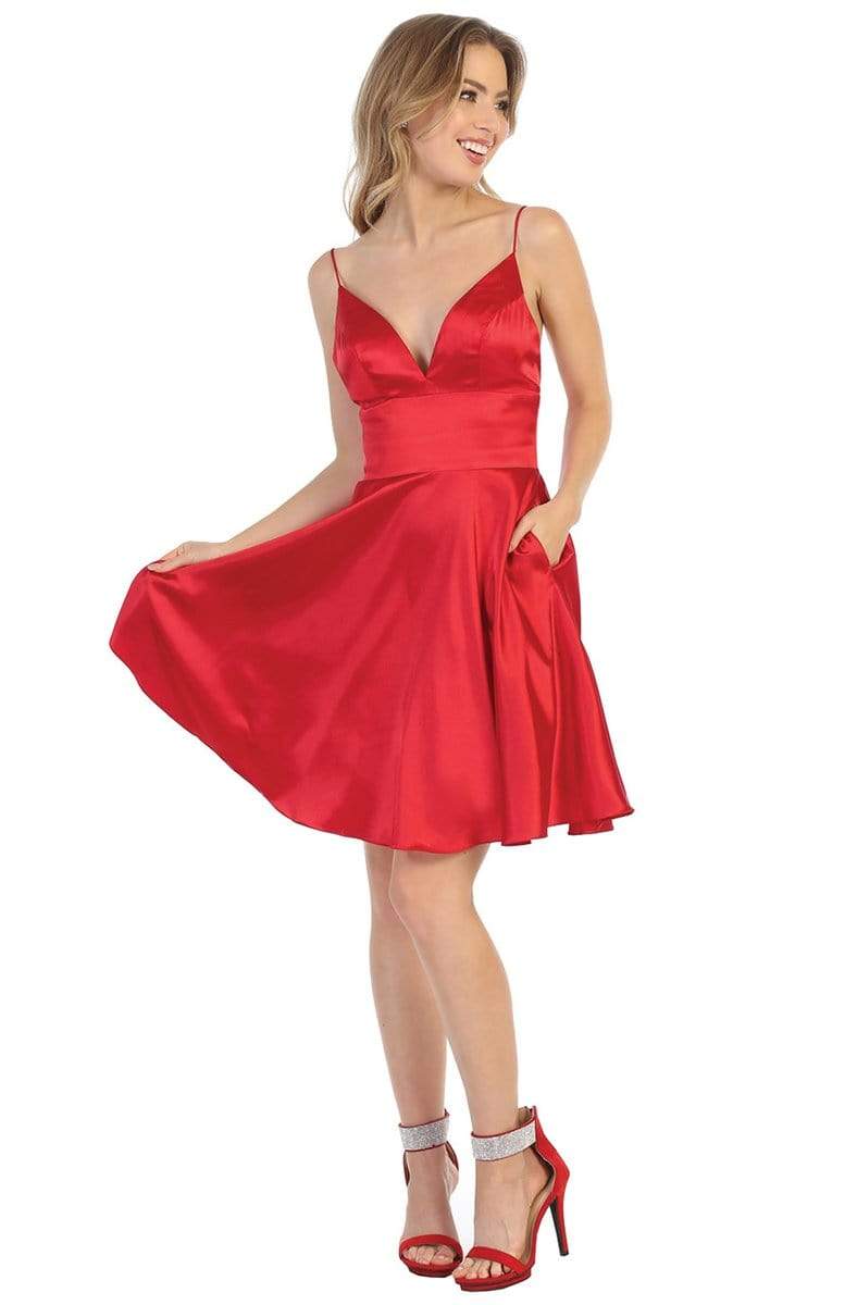 Red V-Neck Short Satin Homecoming Dress Open Back May Queen MQ1770
