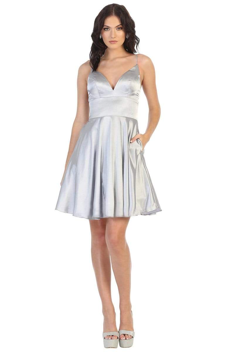 Silver V-Neck Short Satin Homecoming Dress Open Back May Queen MQ1770