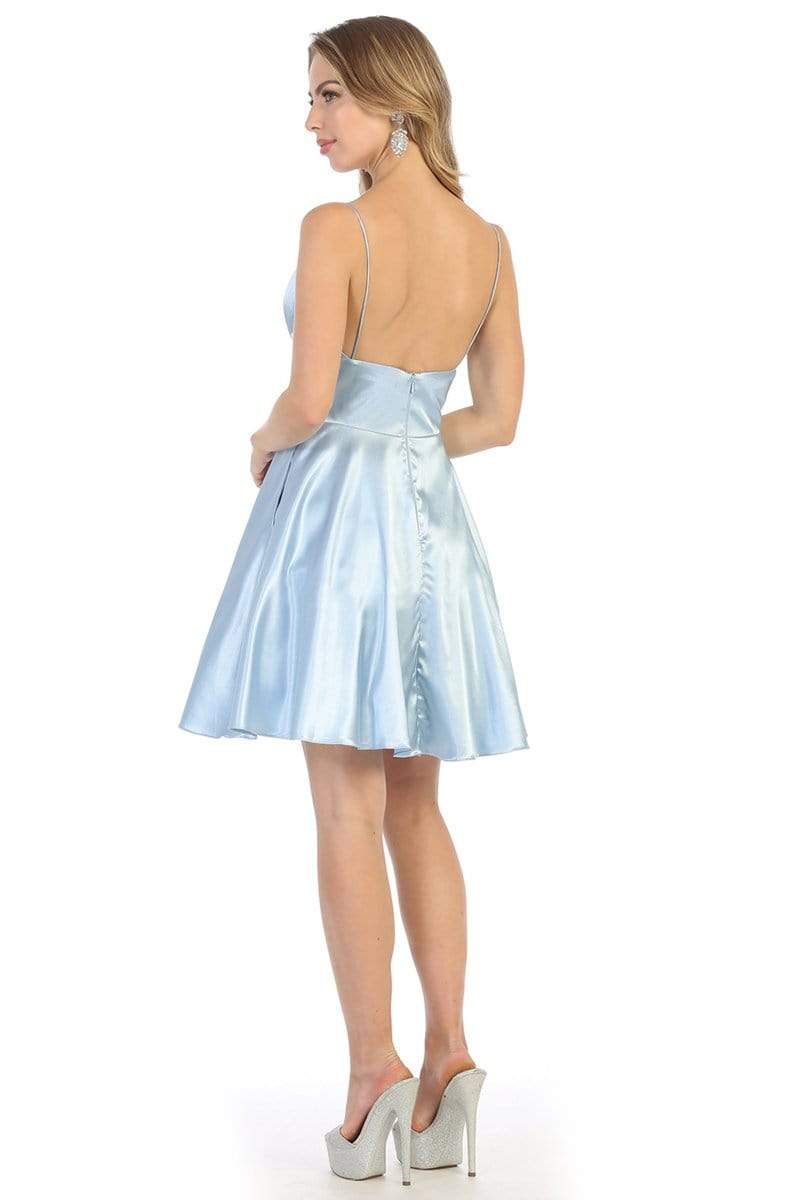 Dusty/Blue V-Neck Short Satin Homecoming Dress Open Back May Queen MQ1770