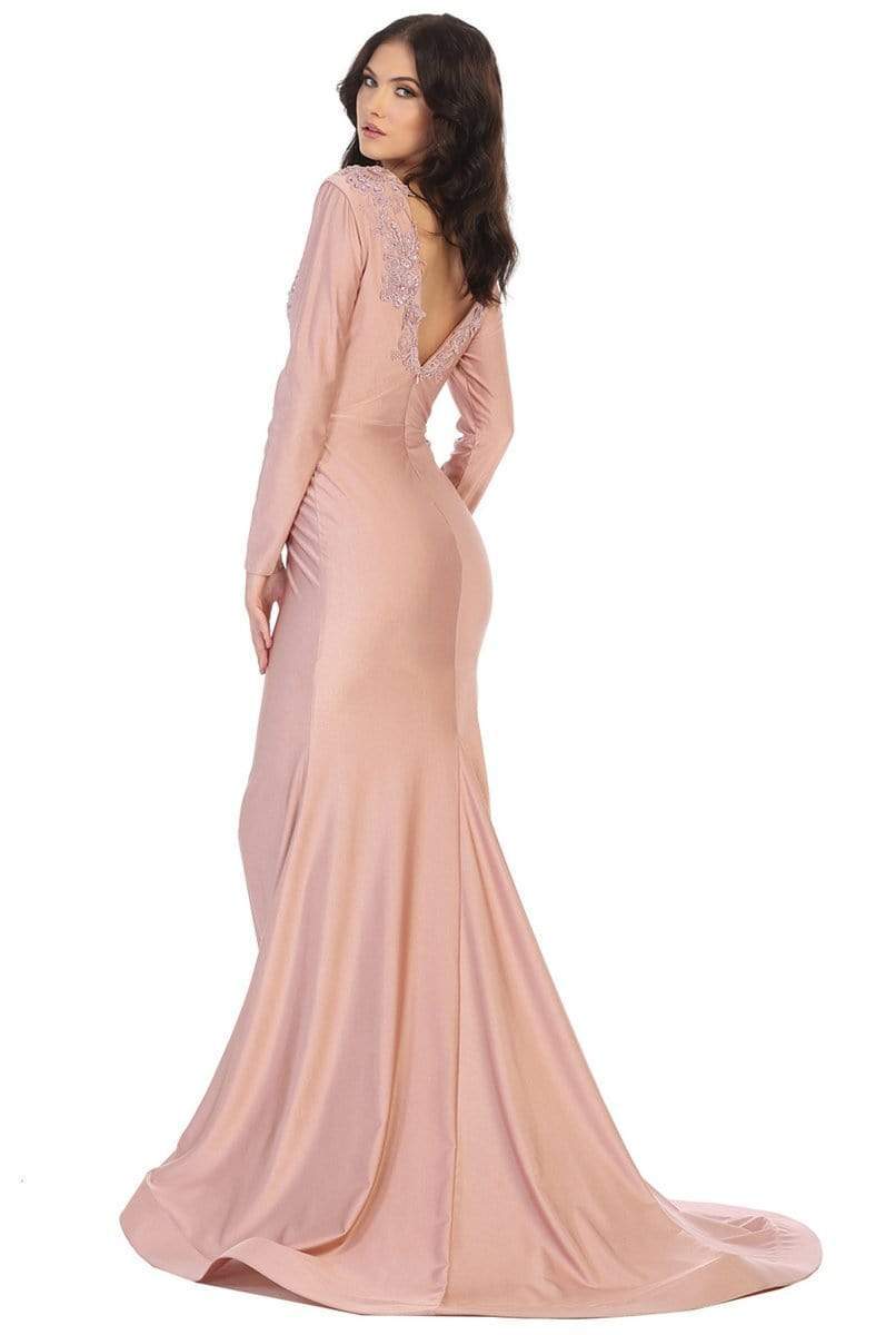 Dusty Rose V-Neck Floor-Length Jersey Formal Long-Sleeve Gown May Queen MQ1772