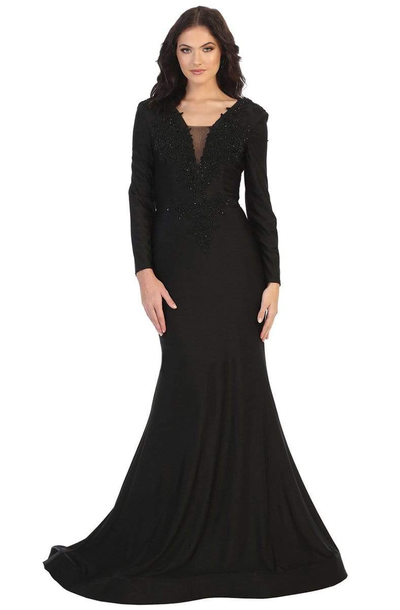 Black V-Neck Floor-Length Jersey Formal Long-Sleeve Gown May Queen MQ1772