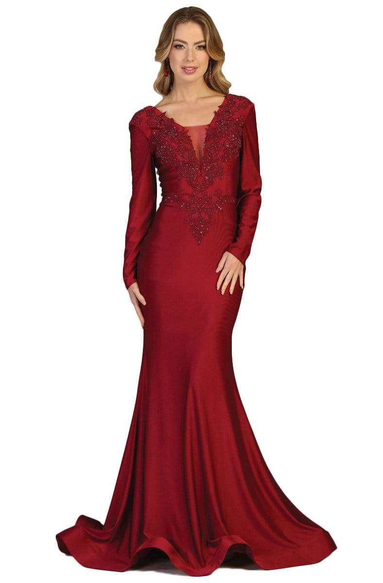Burgundy V-Neck Floor-Length Jersey Formal Long-Sleeve Gown May Queen MQ1772