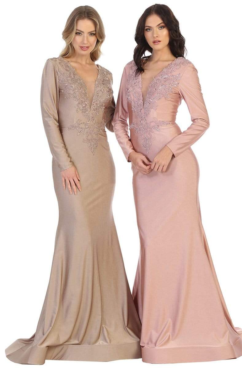 Cappuccino V-Neck Floor-Length Jersey Formal Long-Sleeve Gown May Queen MQ1772