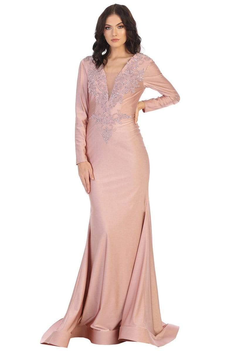 Dusty Rose V-Neck Floor-Length Jersey Formal Long-Sleeve Gown May Queen MQ1772