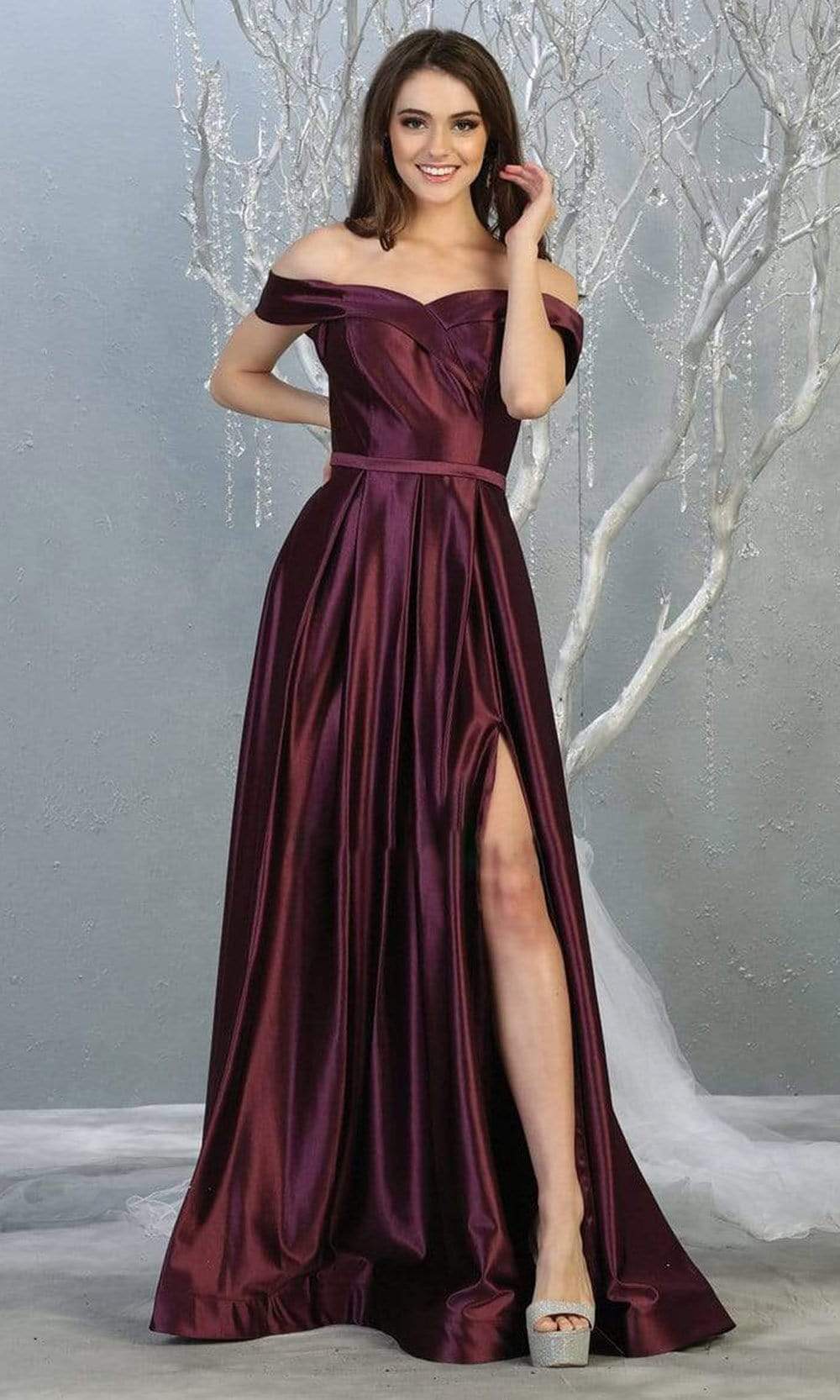 Burgundy Off-the-Shoulder Floor-Length Satin Formal Dress High Slit May Queen MQ1781