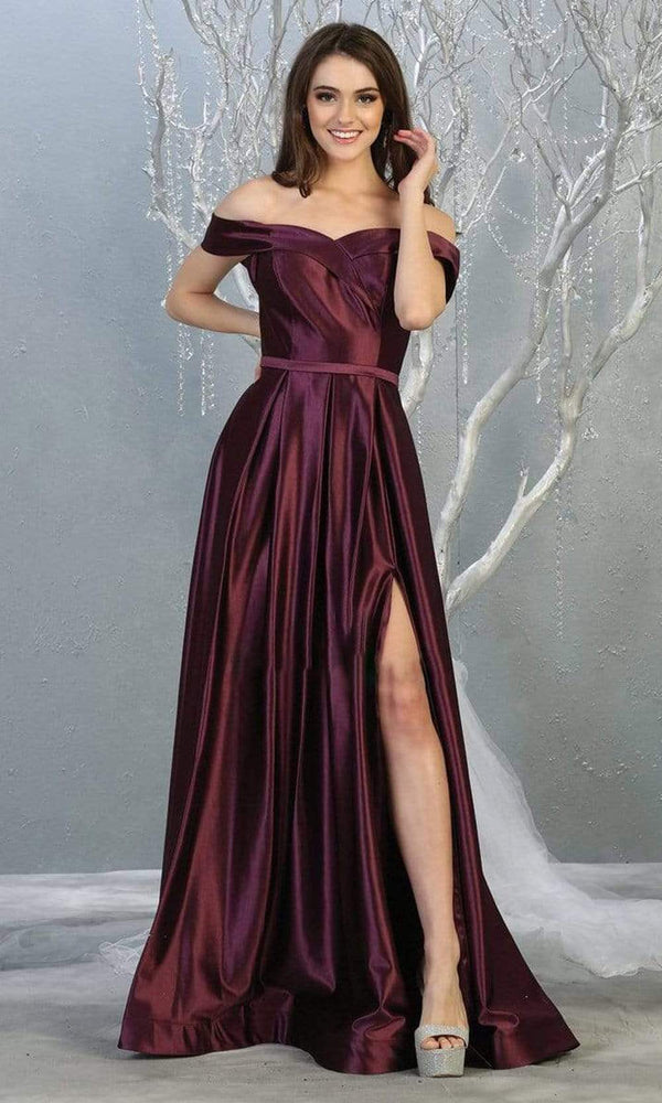 Off-the-Shoulder Floor-Length Satin Formal Dress High Slit May Queen MQ1781