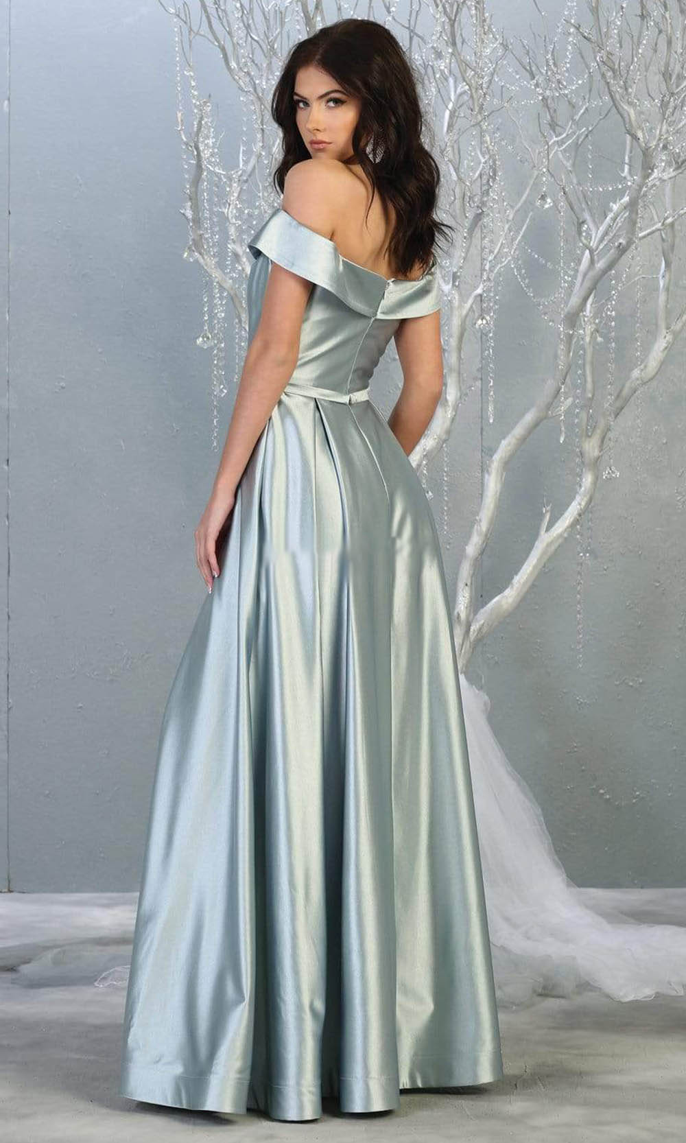 Dusty Blue Off-the-Shoulder Floor-Length Satin Formal Dress High Slit May Queen MQ1781