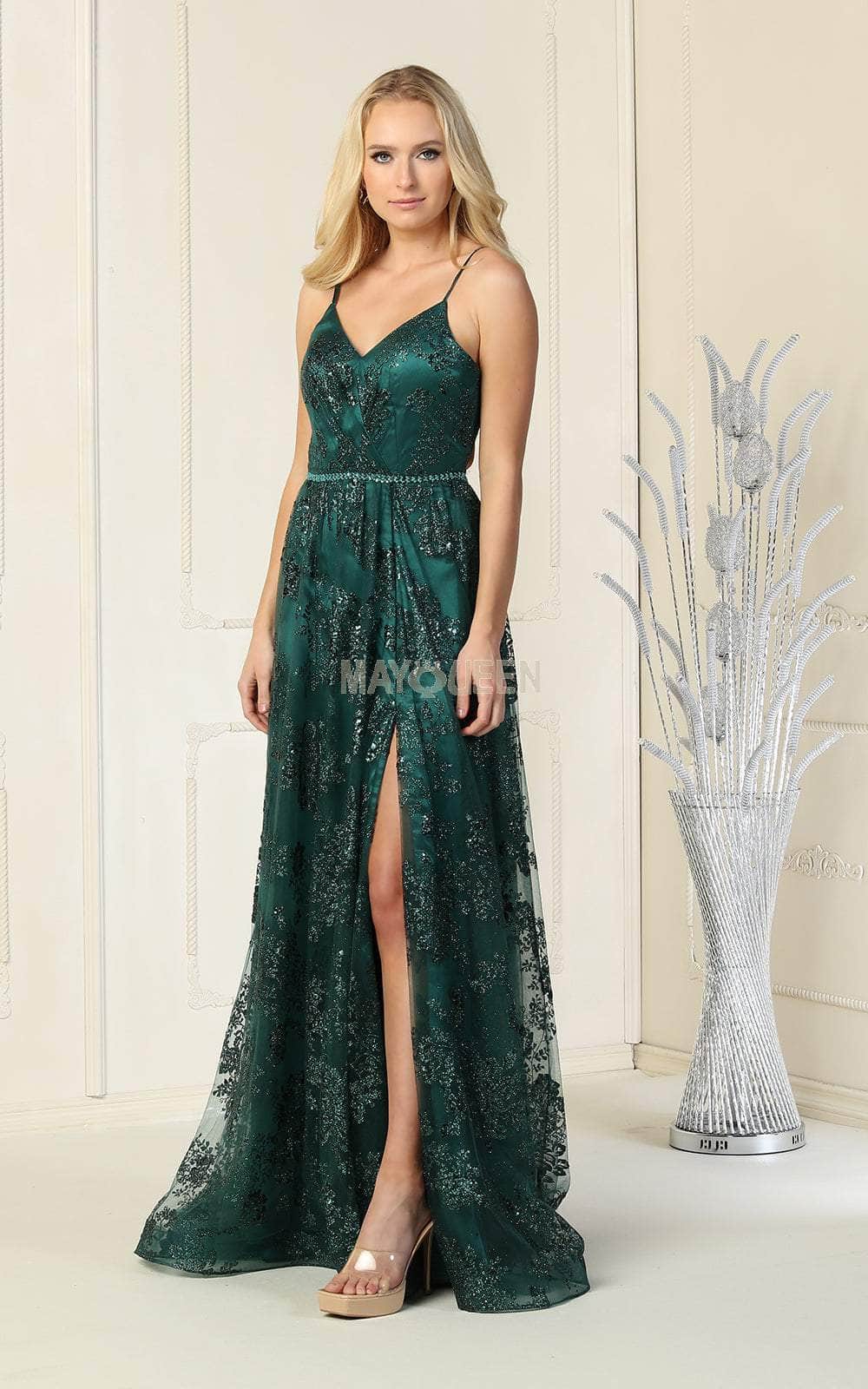 Hunter Green V-Neck Floor-Length Sequin Formal Lace-Up Gown May Queen MQ1787