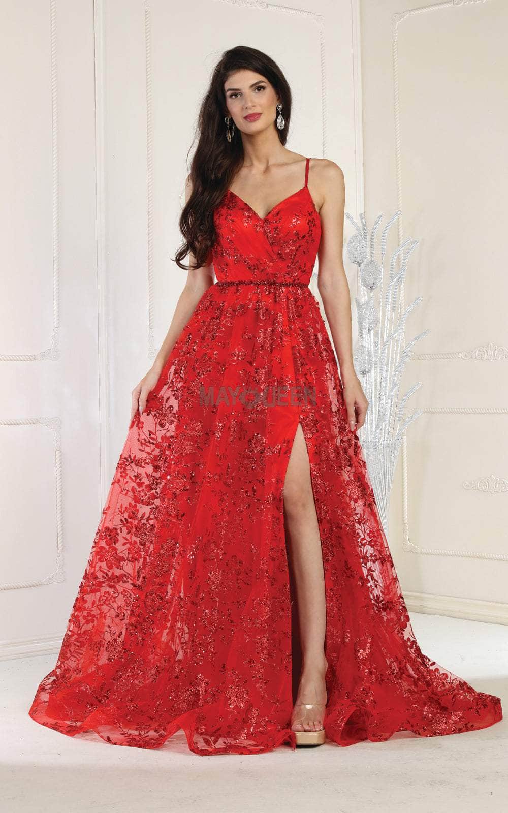 Red V-Neck Floor-Length Sequin Formal Lace-Up Gown May Queen MQ1787