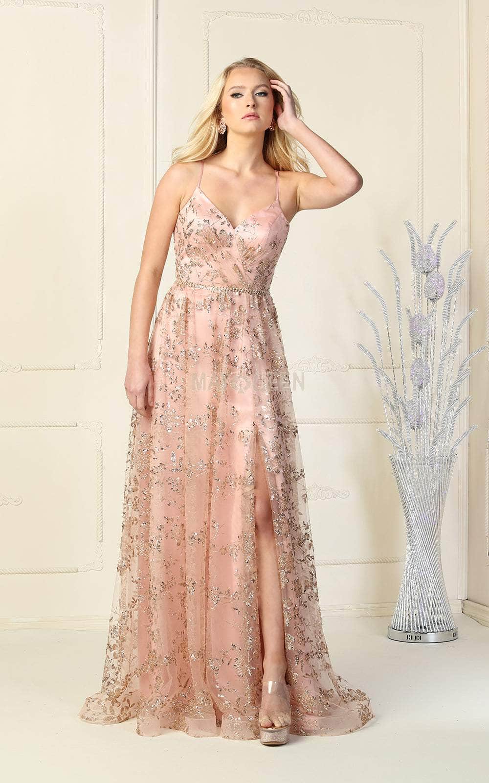 Rosegold V-Neck Floor-Length Sequin Formal Lace-Up Gown May Queen MQ1787