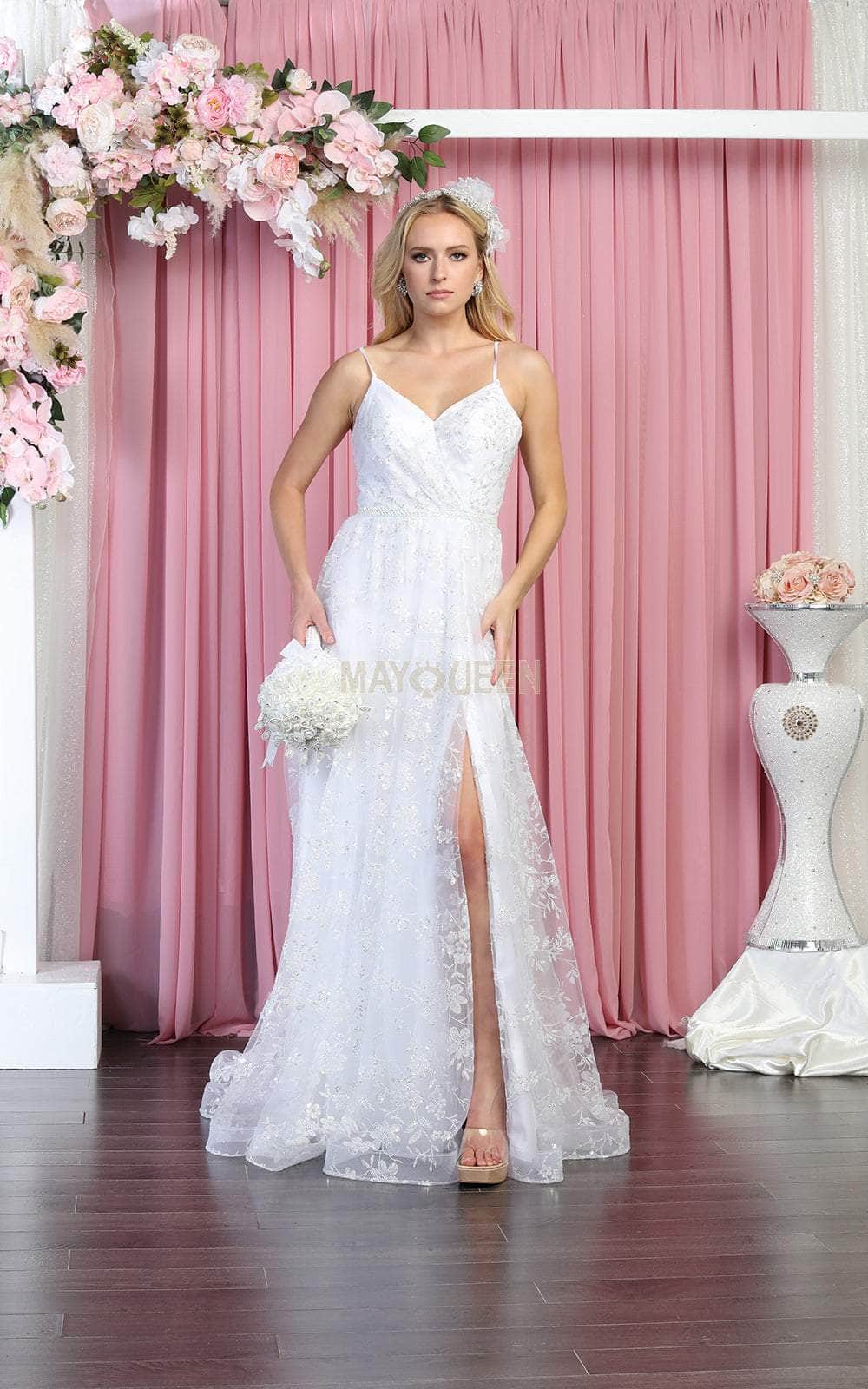White V-Neck Floor-Length Sequin Wedding Lace-Up Gown May Queen MQ1787