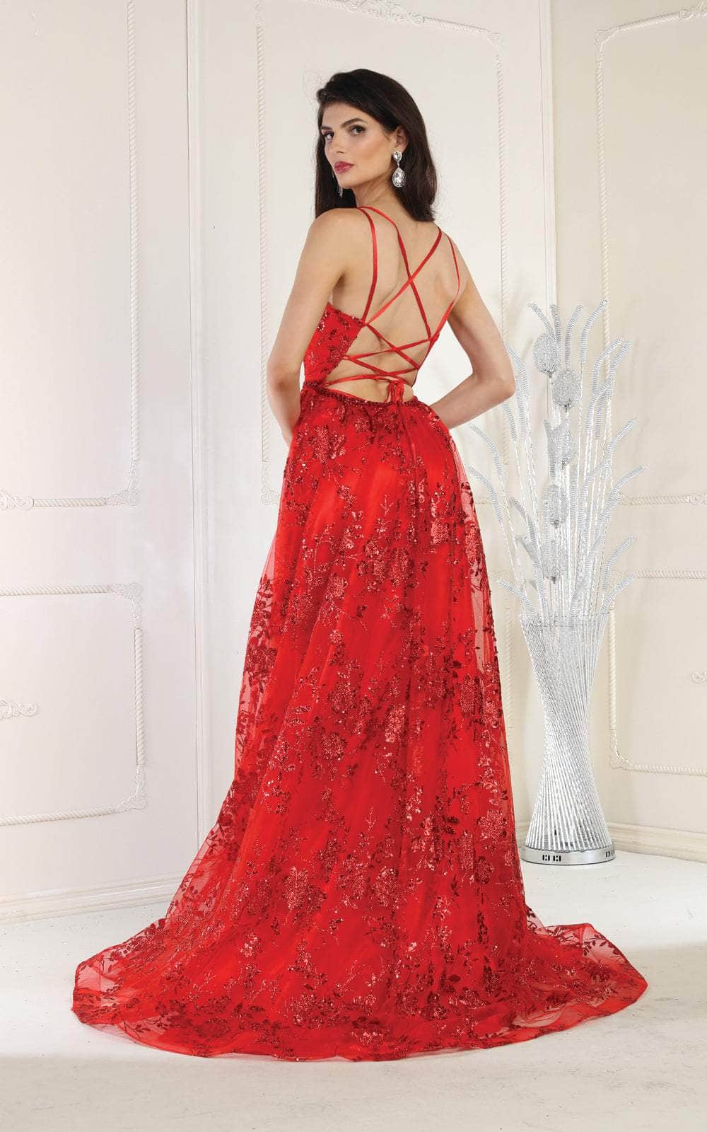 Red V-Neck Floor-Length Sequin Formal Lace-Up Gown May Queen MQ1787