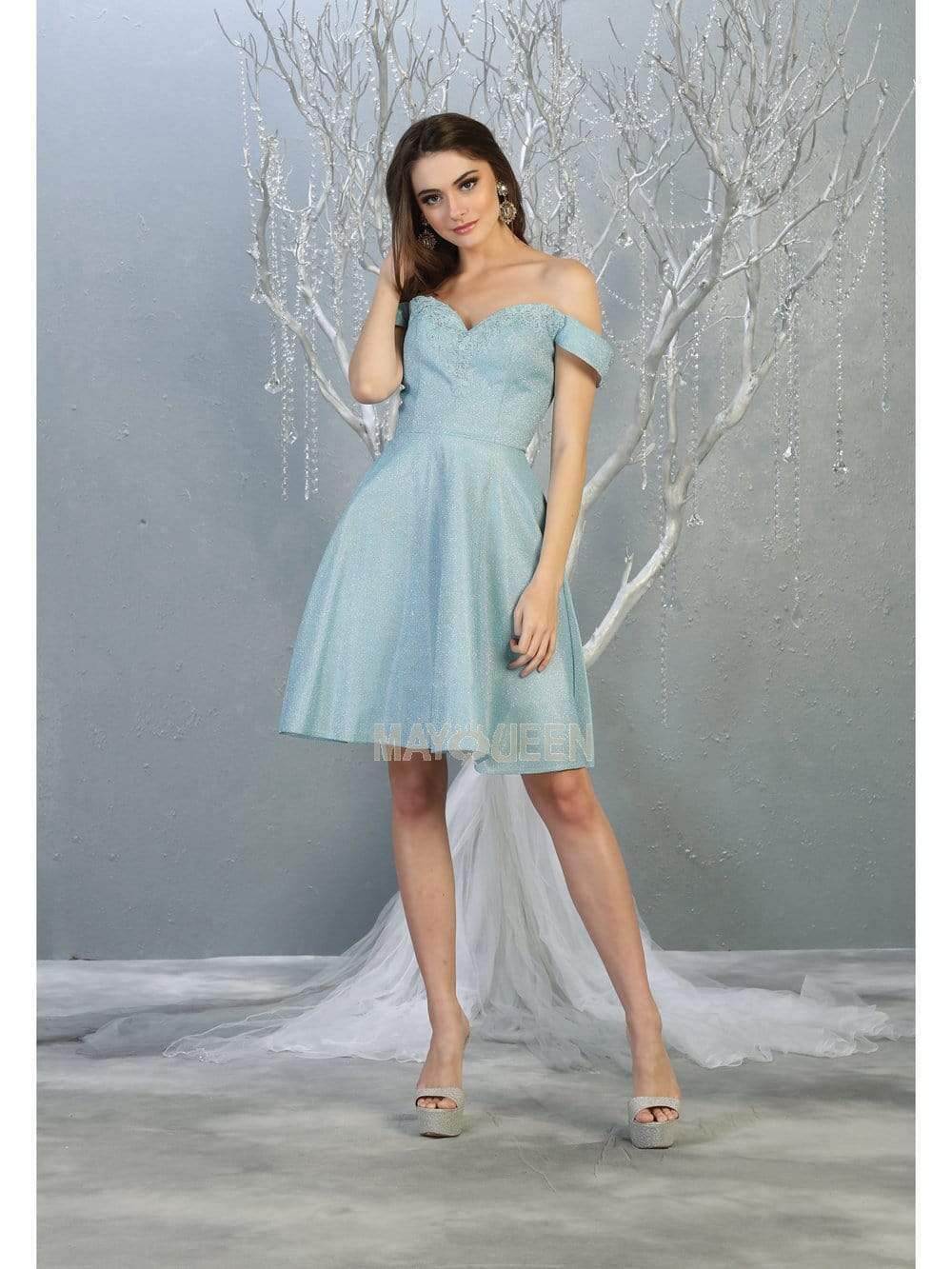 Baby/Blue Off-Shoulder Short Glitter Cocktail Dress A-Line May Queen MQ1788